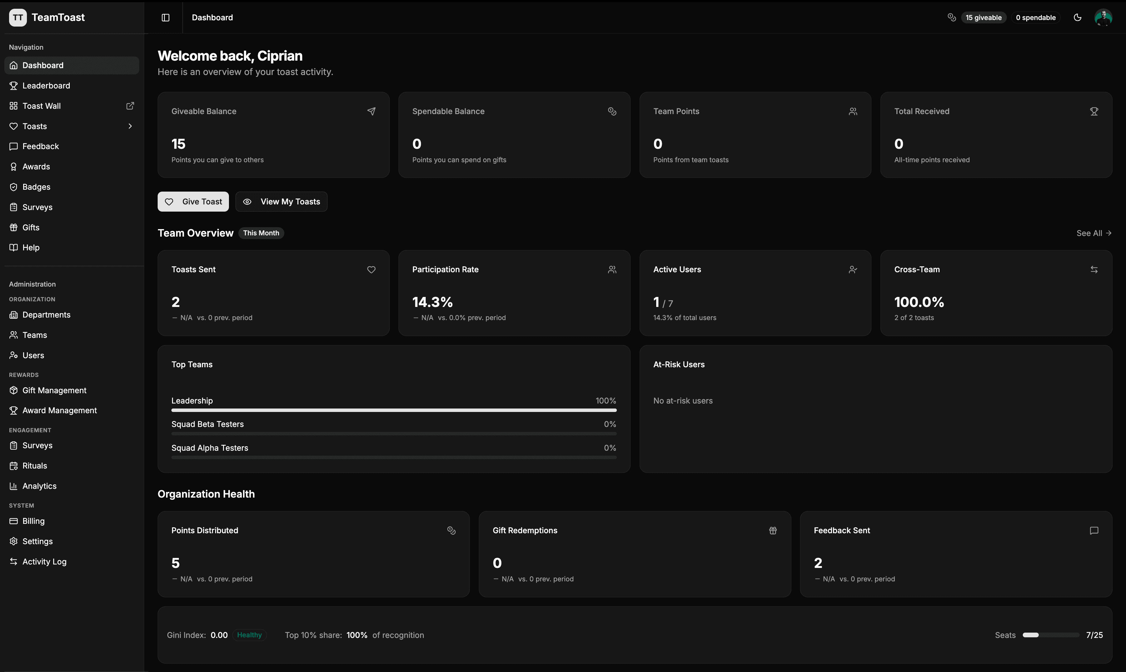 TeamToast dashboard showing recognition activity, team overview, and organization health metrics